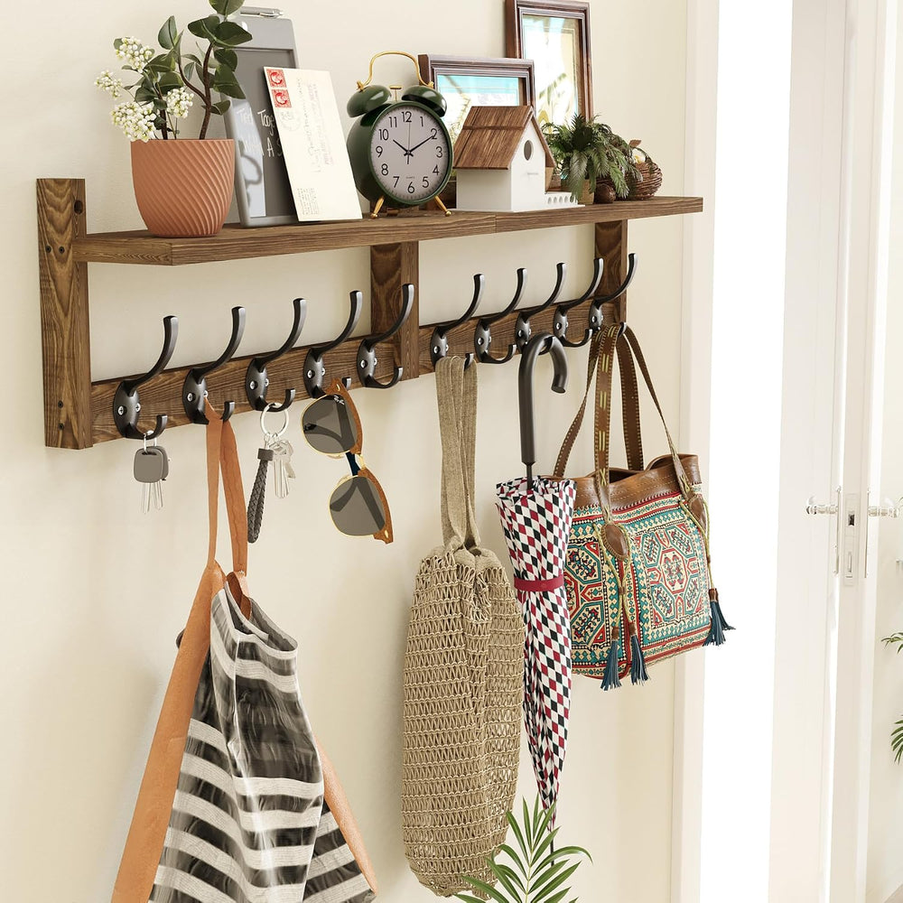 AMBIRD 34.2 inch Wooden Extra-Long Wall Hook Rack with Shelf - Versatile and ...