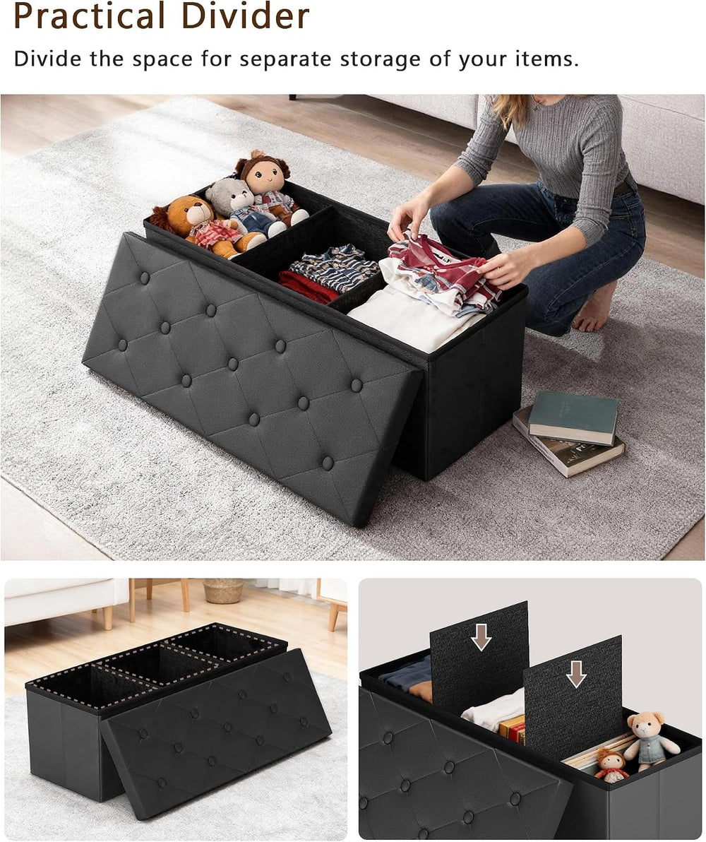 GLAXYFUR 43" Storage Ottoman Bench, Folding Ottoman with 2 Dividers, Black