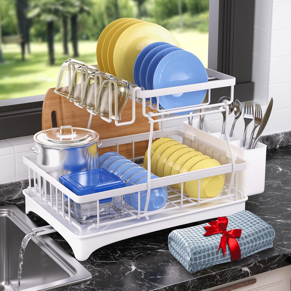 Godboat 2-Tier Dish Drying Rack - Dish Rack with Auto Drain-to-Sink & Mat