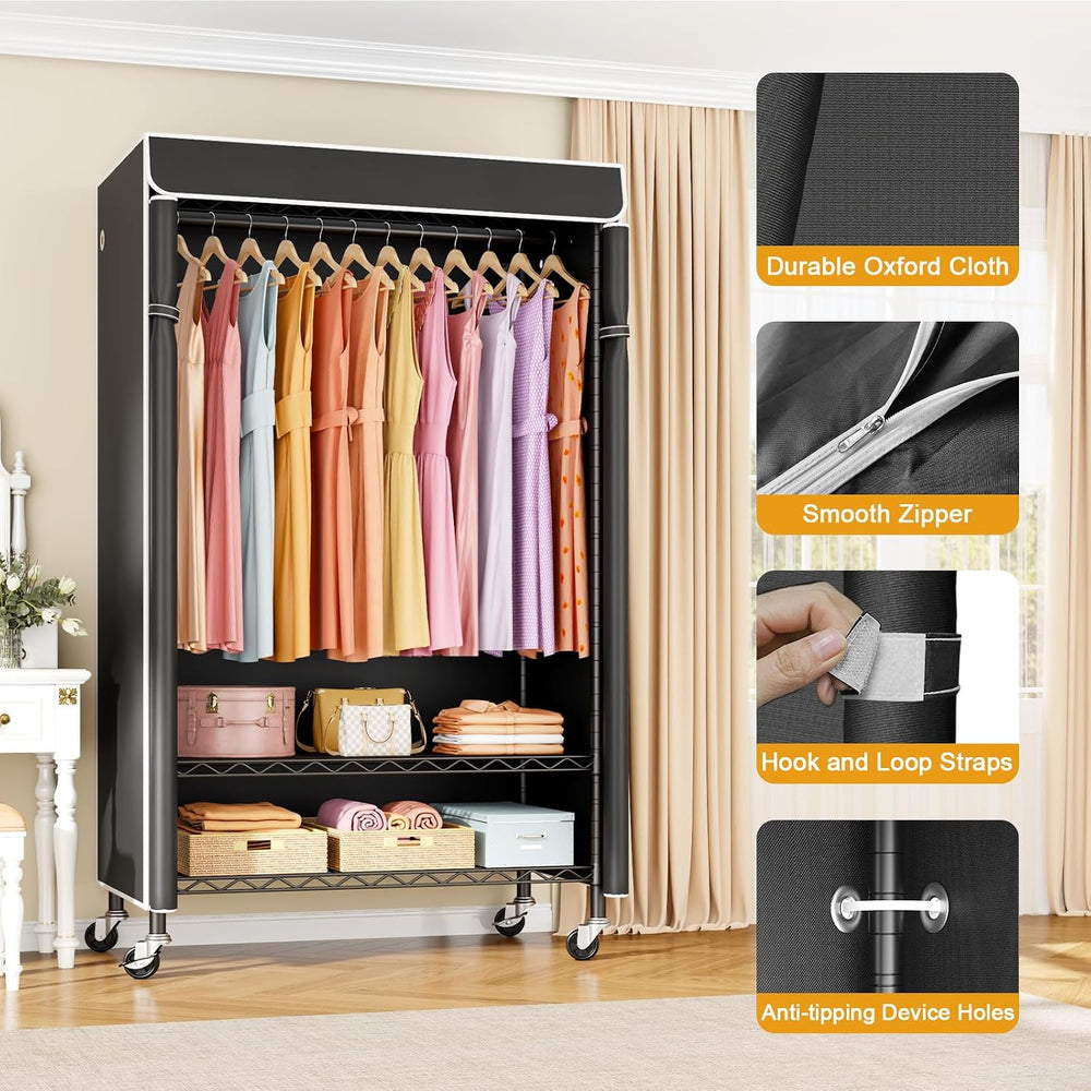 ULIFHOME P6C Rolling Clothes Rack with Cover, 3-Tier Covered Clothing Rack