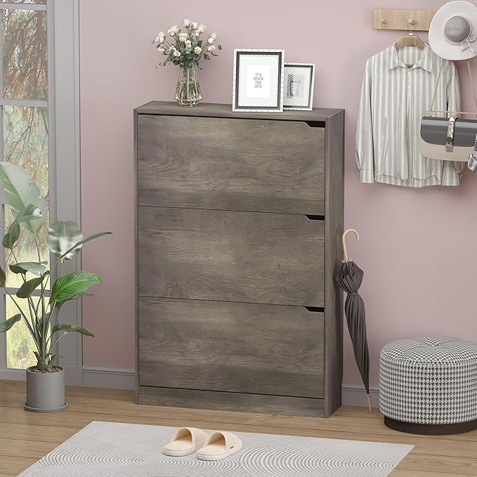 Shoe Cabinet with 3 Flip Drawers, Hidden Wood Shoe Cabinet, Freestanding Shoe