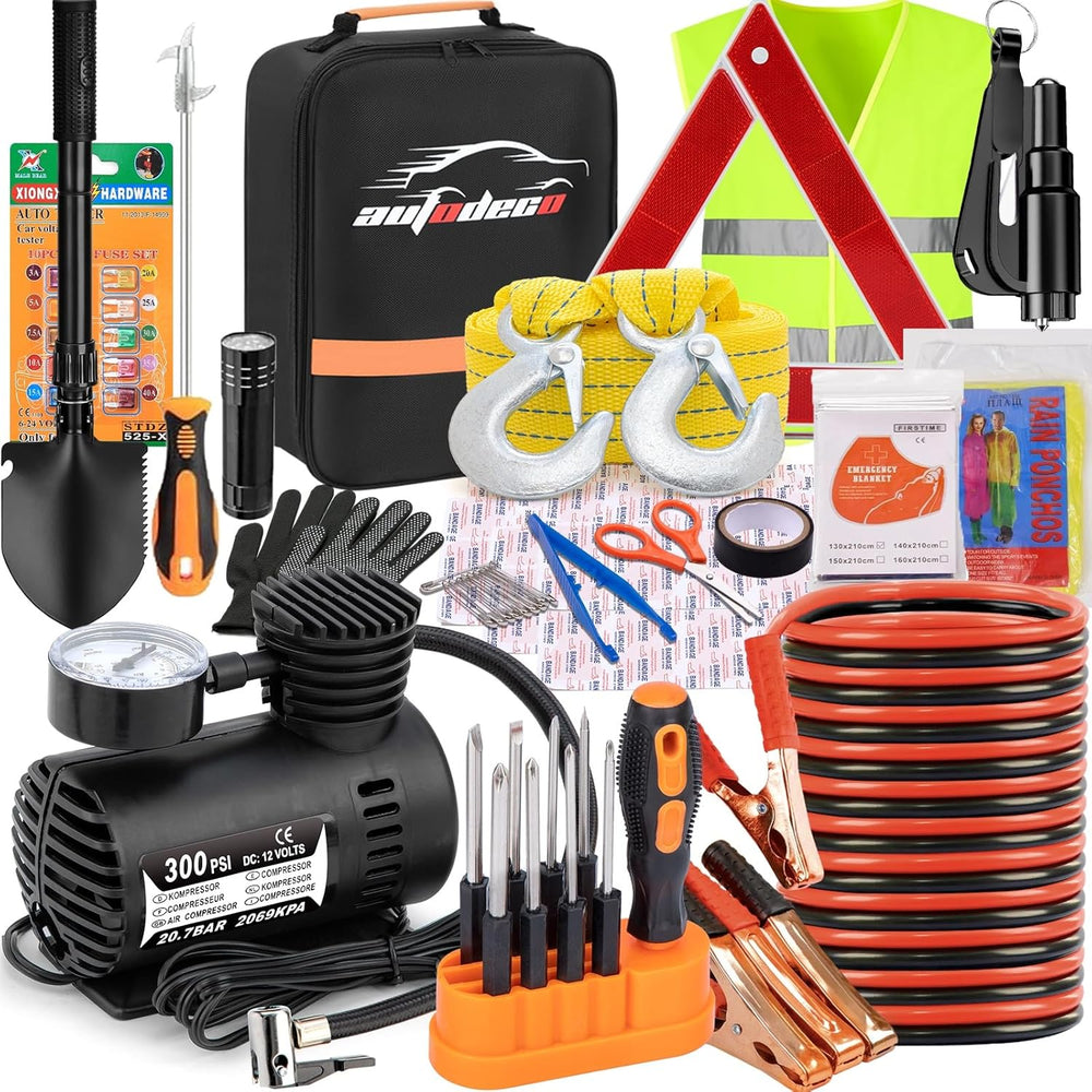 Car Emergency Roadside Assistance Kit with Jumper Cables Tire Inflator Automo...