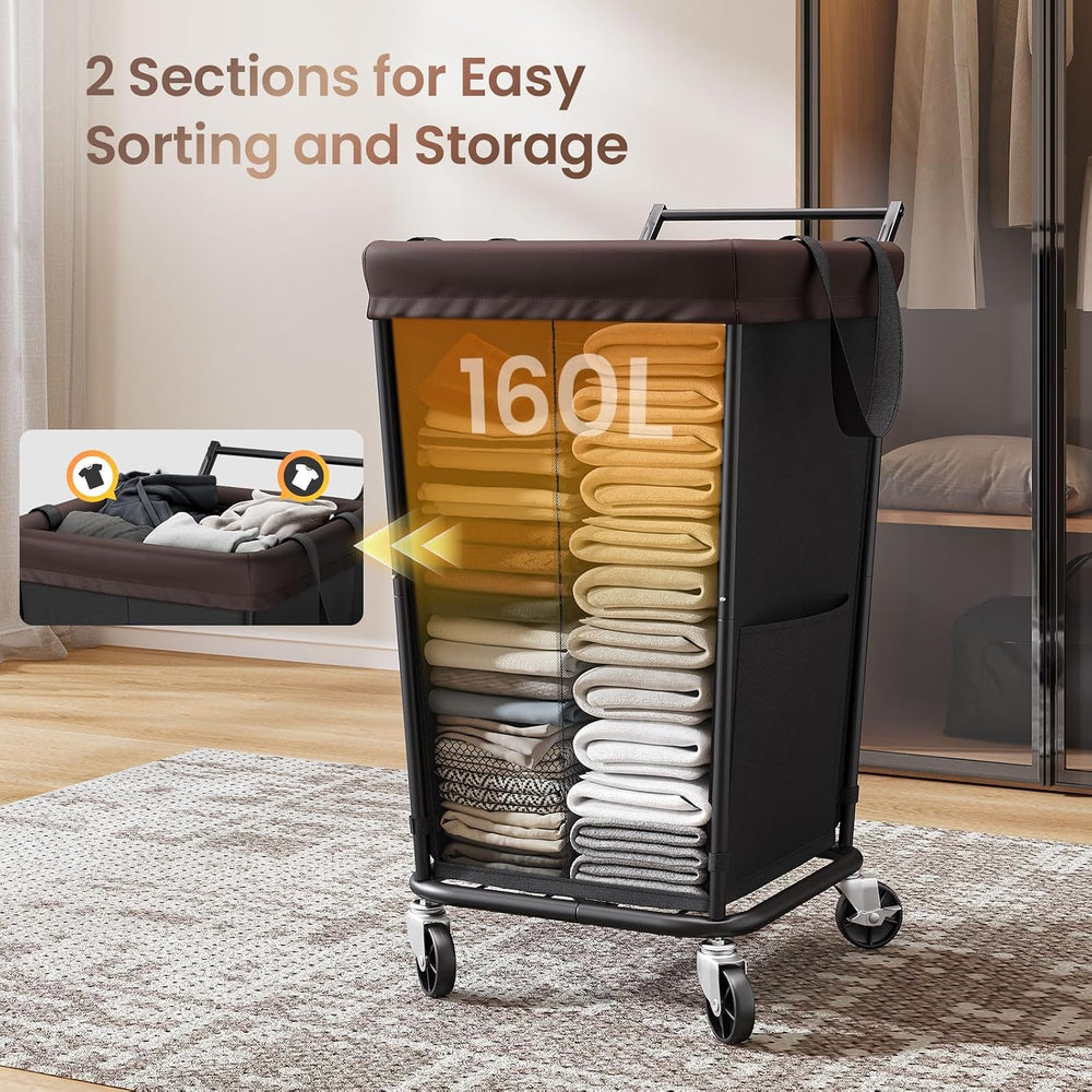160L Laundry Hamper with Wheels and Handle, 2-Section Rolling Hamper for Laun...