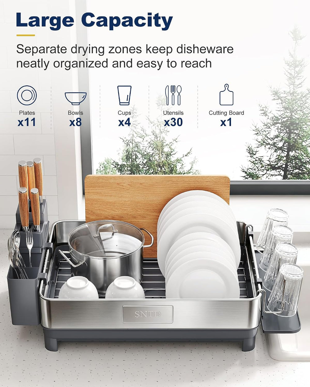 SNTD 304 Stainless Steel Dish Drying Rack for Small Kitchen Counter, Grey