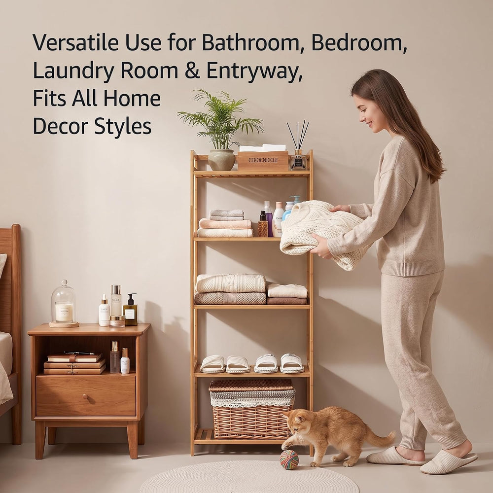 Bamboo Bathroom Shelf Organizer, 5 Tier Wooden Bathroom Rack with Adjustable ...
