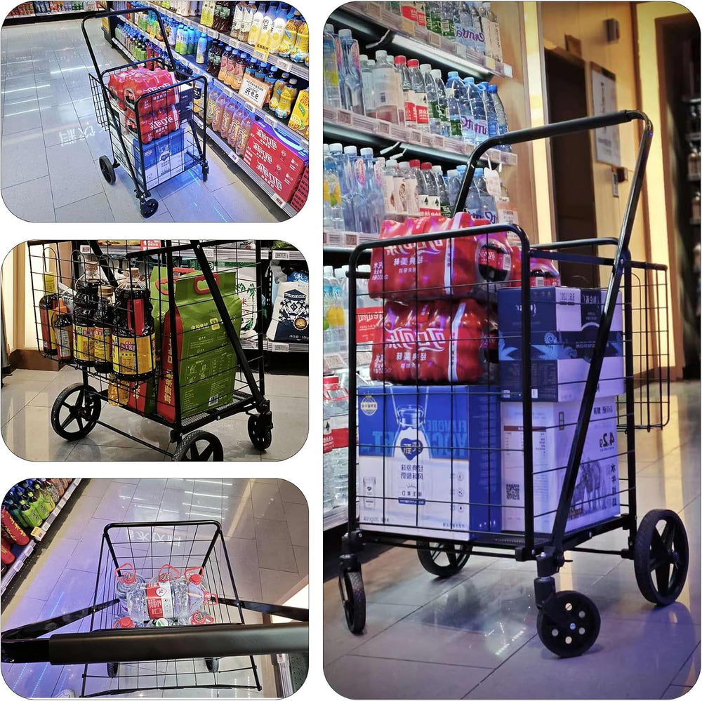 Foldable Shopping Cart with Waterproof Bag, Swivel Wheels & Double Basket