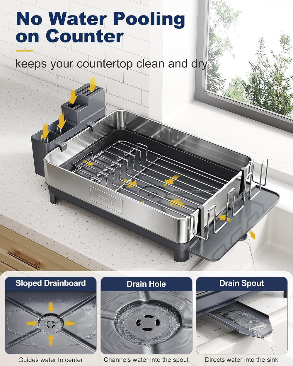 SNTD 304 Stainless Steel Dish Drying Rack for Small Kitchen Counter, Grey