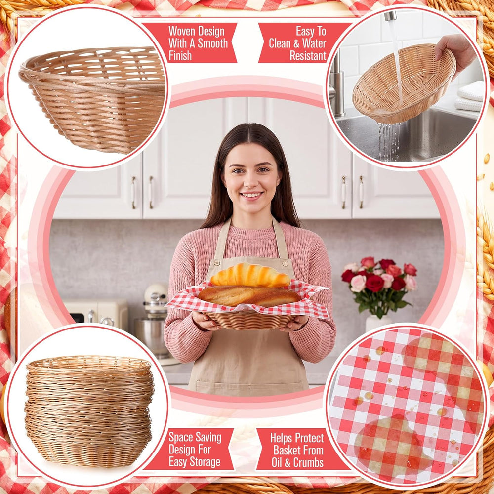 12 Pack Oval Wicker Bread Baskets with 100 Paper Liners, 9 x 5.9 x 2.4 in
