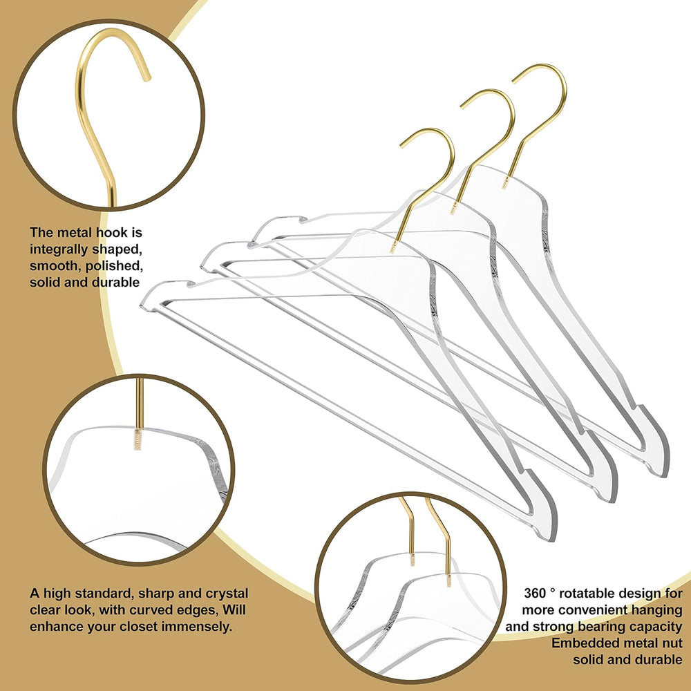 Quality Hangers Acrylic Clear Lucite Hangers - 5-Pack with Bar Matte Gold Hoo...