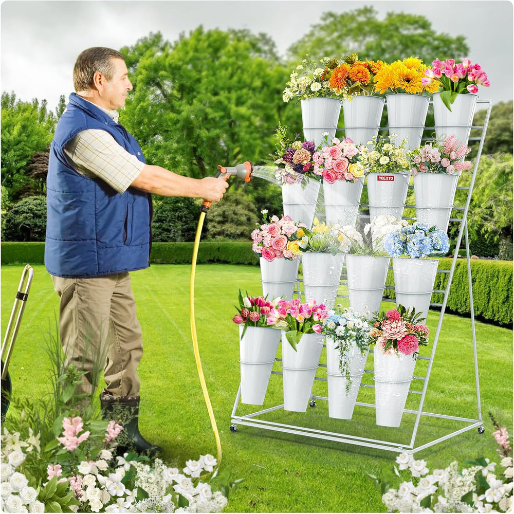 Flower Display Stand 4 Layers with 16 PCS Round Buckets, Plant Stand with Whe...