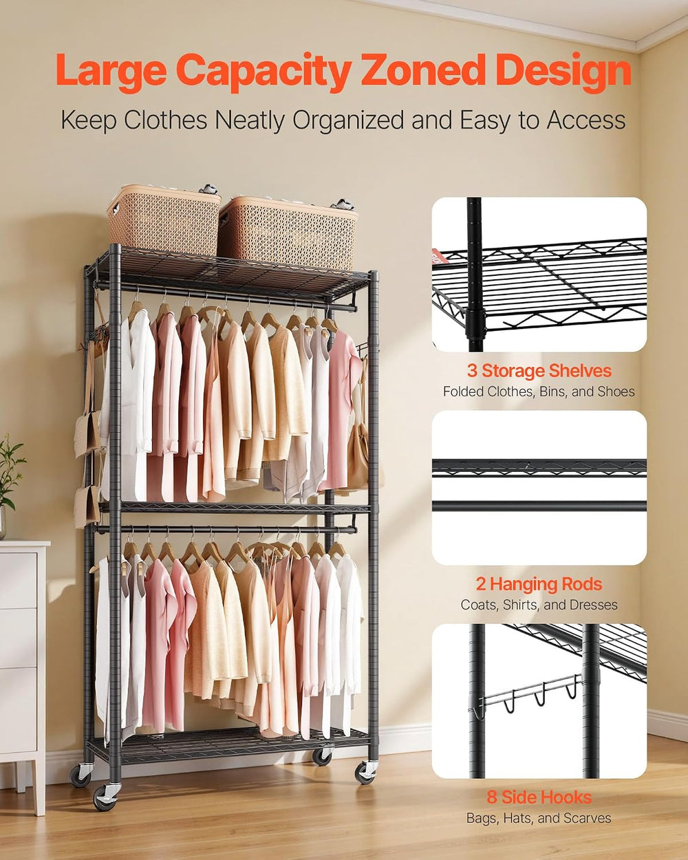VEVOR Clothing Garment Rack, Heavy Duty Closet Wardrobe, Adjustable Tiers Clo...