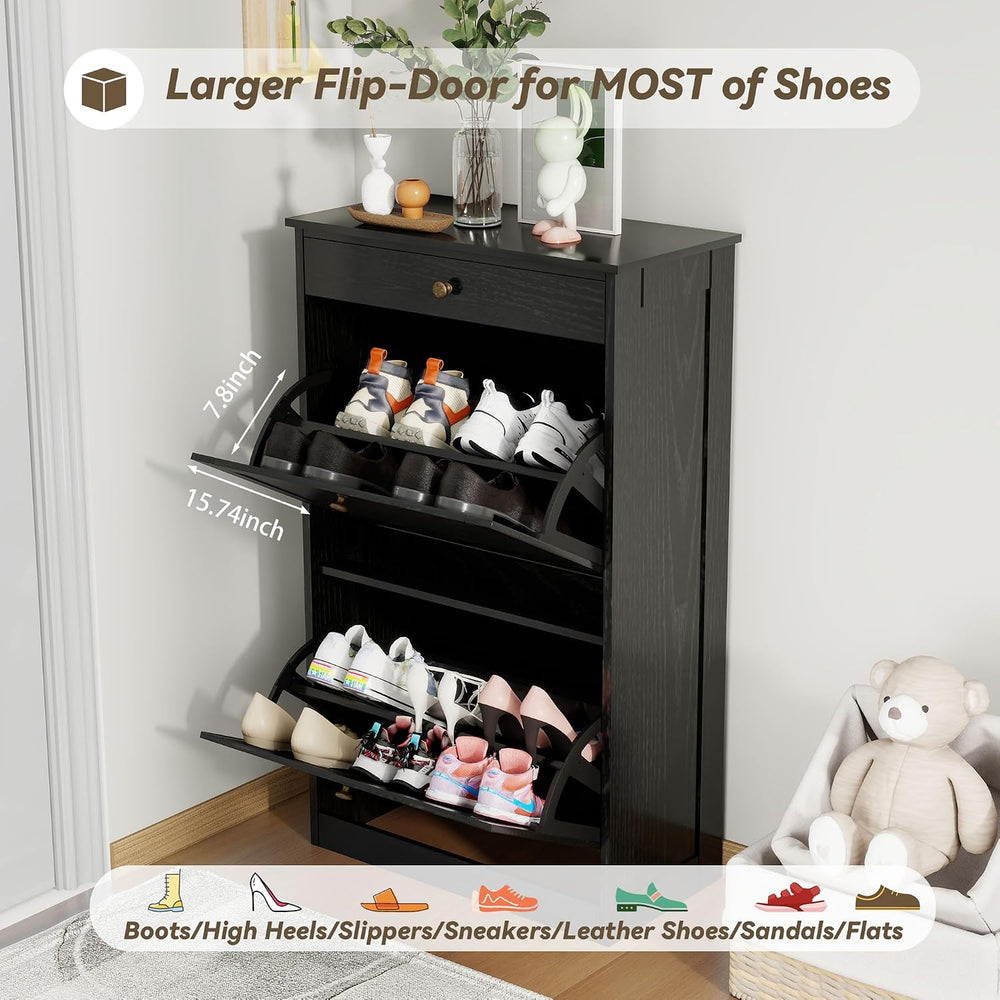 Shoe Storage Cabinet with 2 Flip Drawers, Shoe Cabinet Organizer, Black