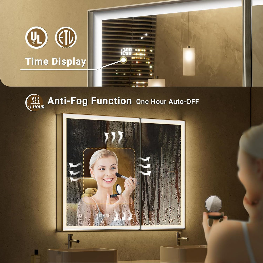 30x32 Lights Medicine Mirror Cabinet, Beveled Brushed Nickel Frame