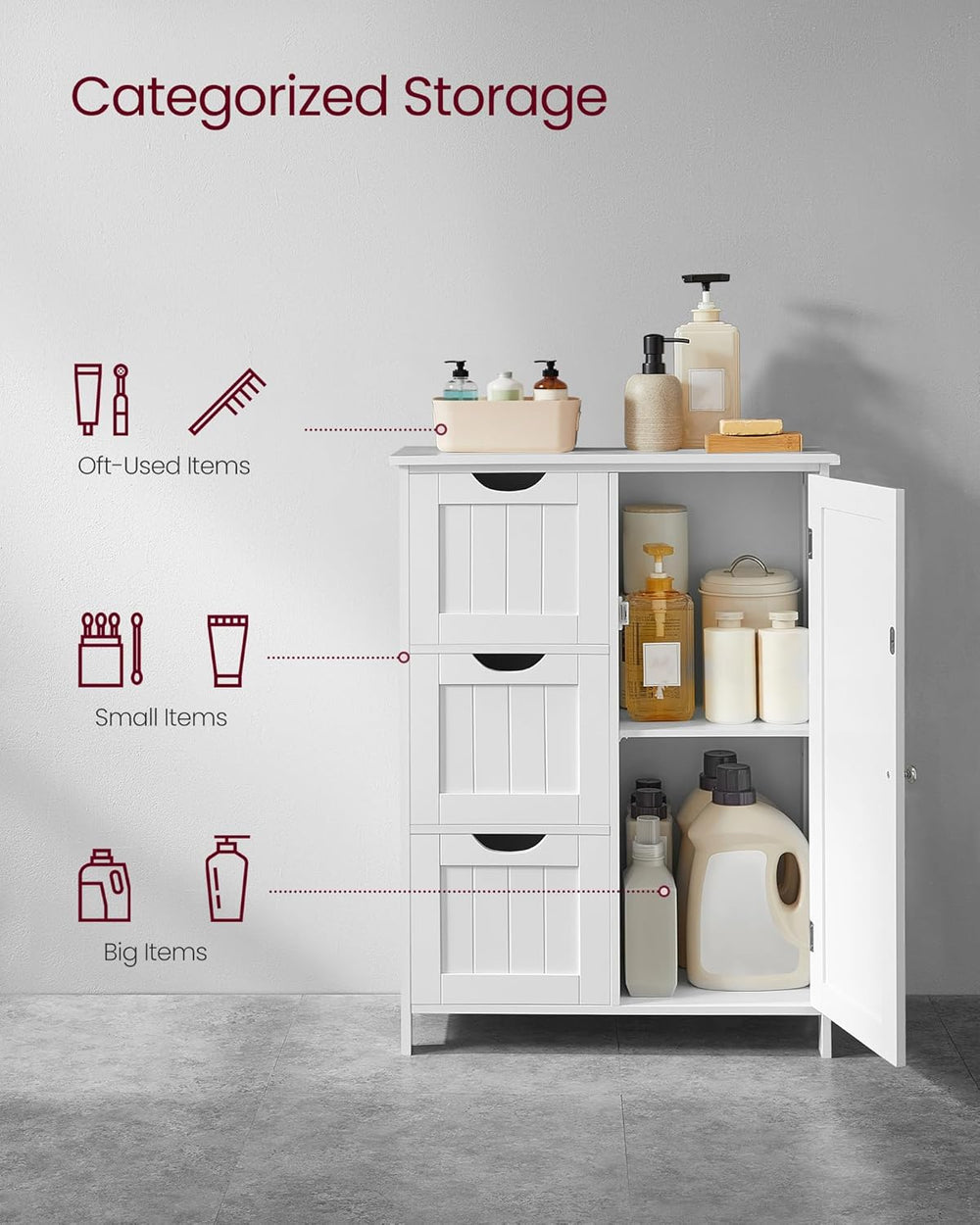 VASAGLE Bathroom Floor Storage Cabinet, 3 Drawers, Cloud White