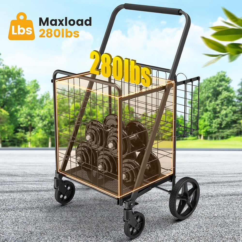 Folding Shopping Cart with Waterproof Bag, Double Basket Grocery Cart