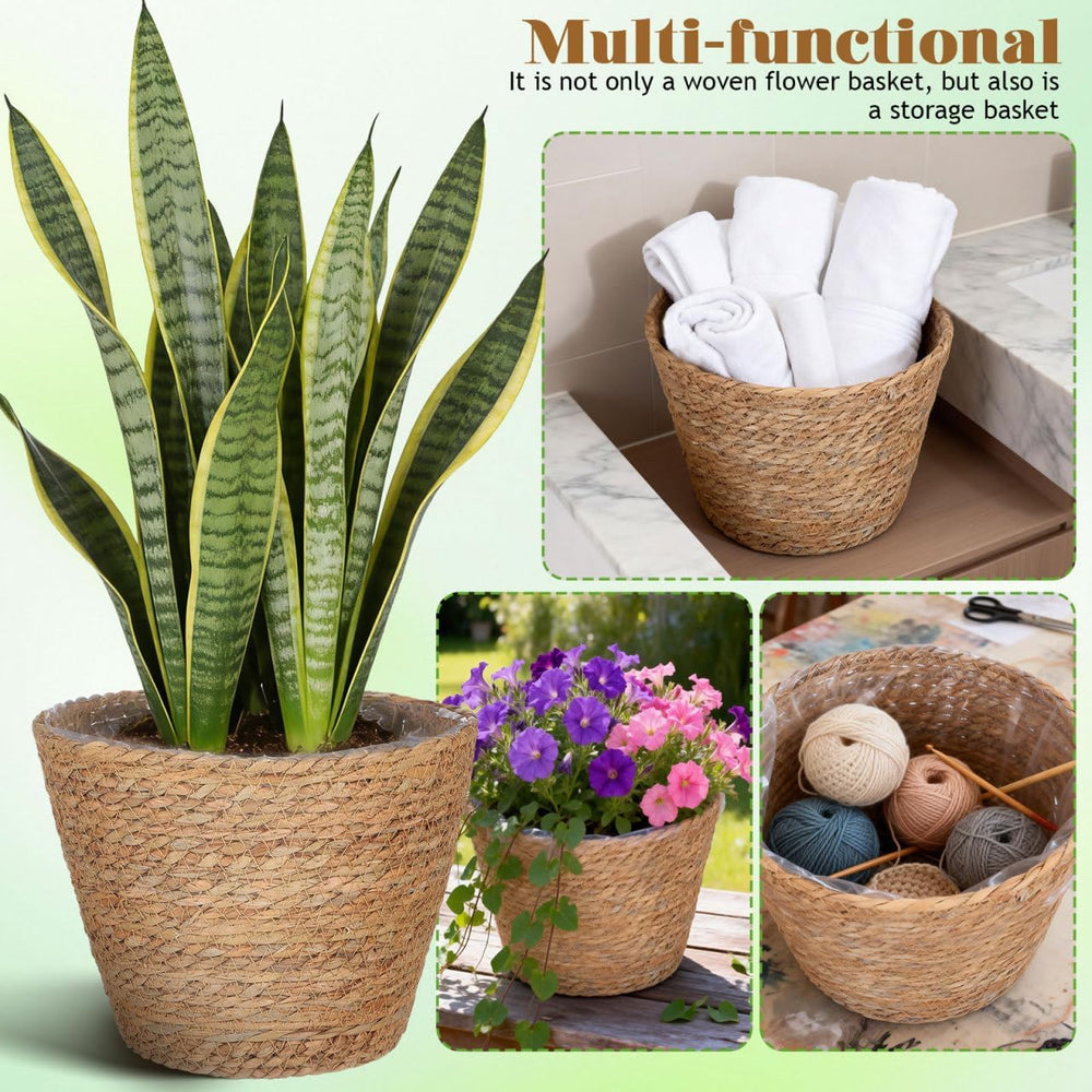 Healifty 2Pcs Woven Plant Baskets with Liners Round Rattan Seagrass Planter