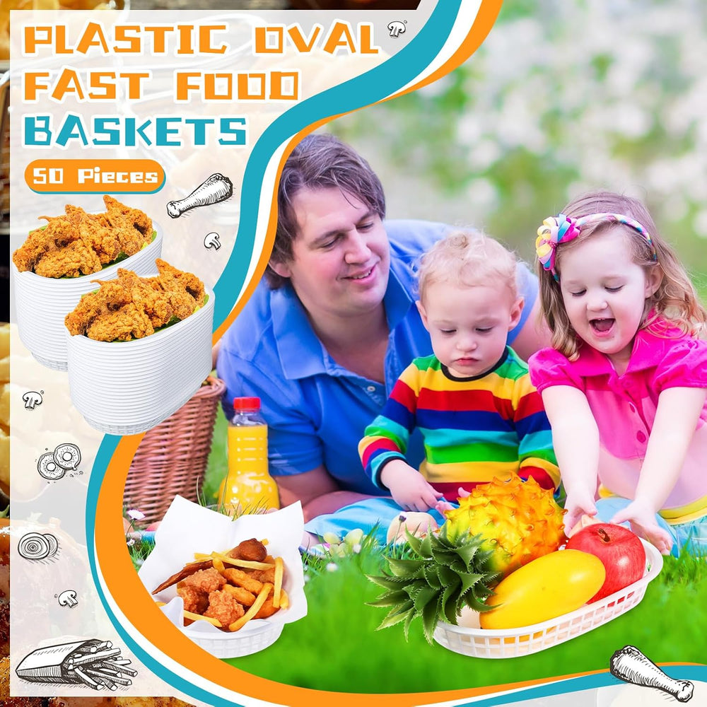 Hsei 50 Pack White Food Baskets, 10.5 x 7 Inch Plastic Fast Food Basket