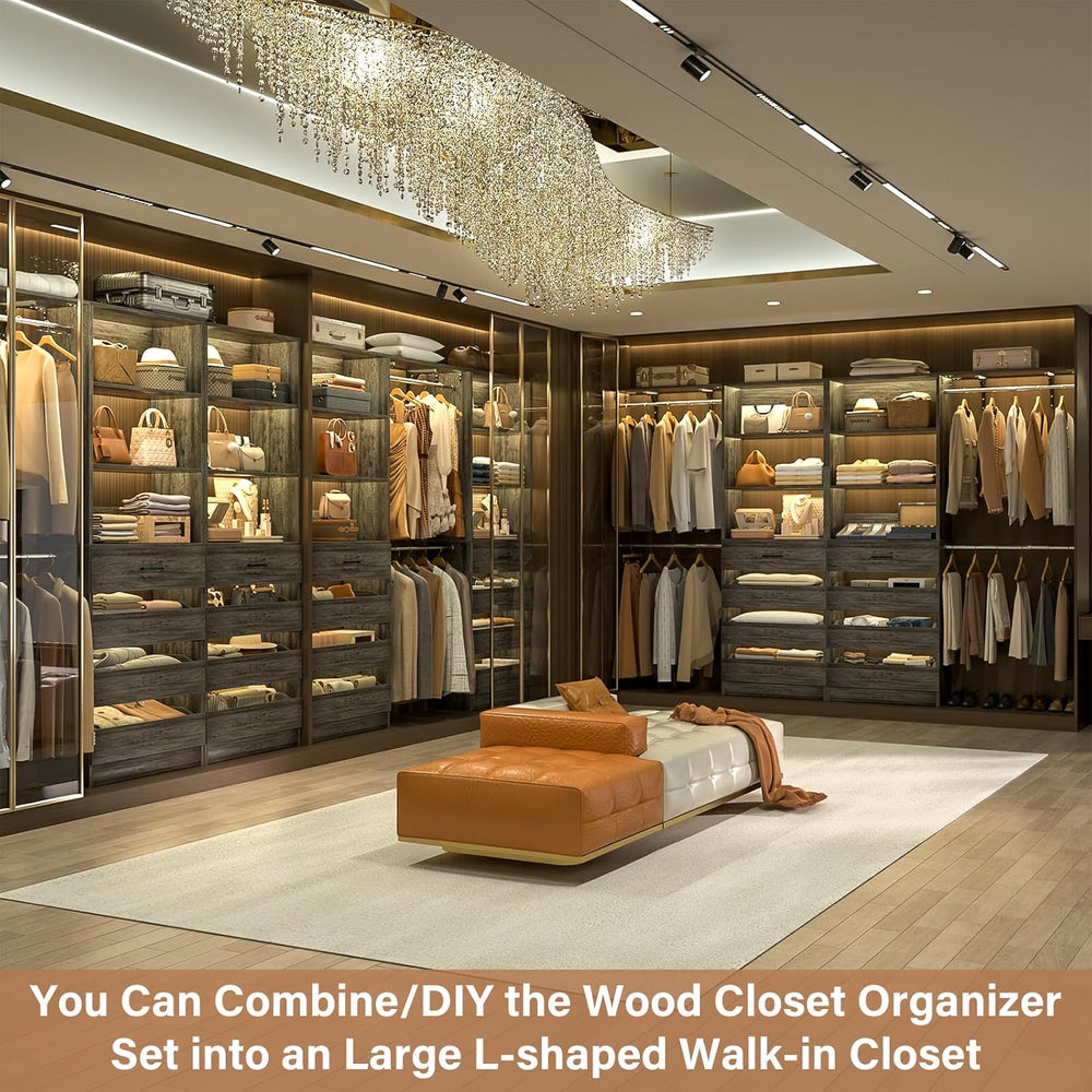 Aheaplus Closet System, Wood Closet Organizer System with 8 Drawers &4 Rods