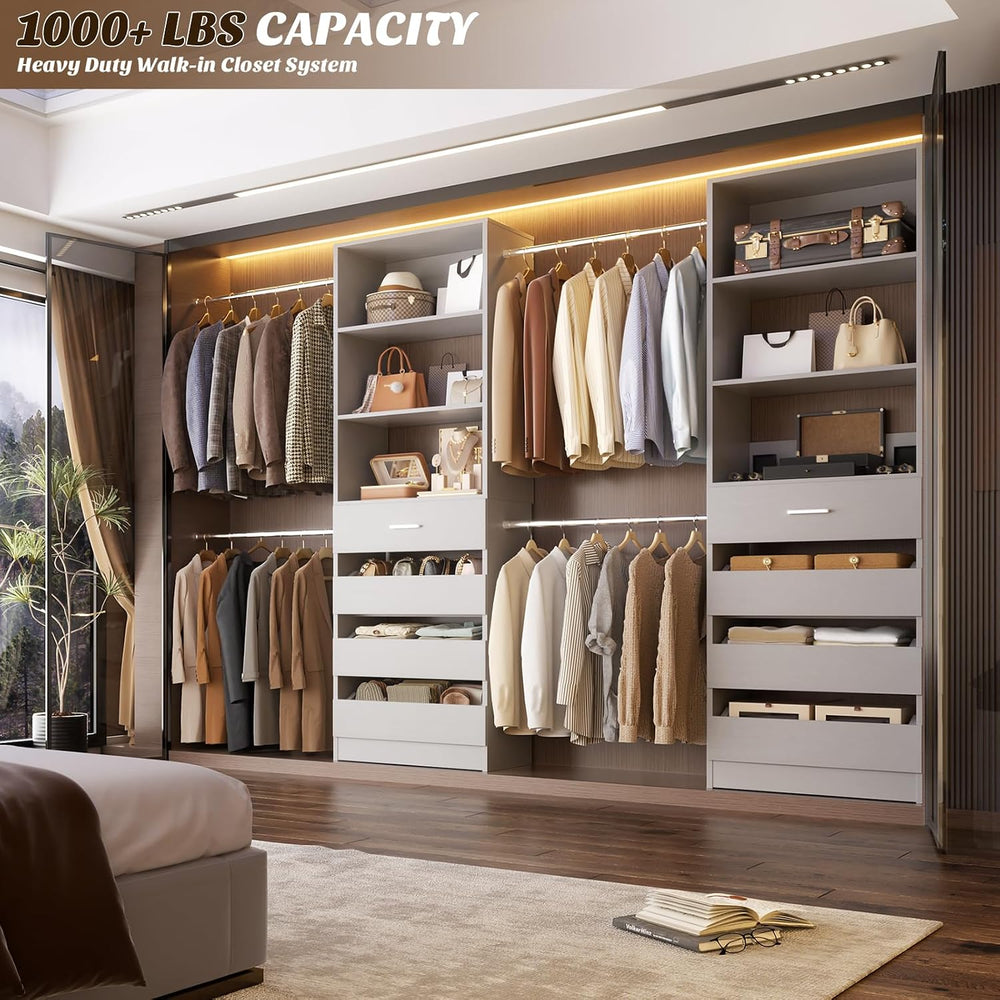 Aheaplus Closet System, 4-9Ft Closet Organizer with 4 Wooden Drawers, Grey