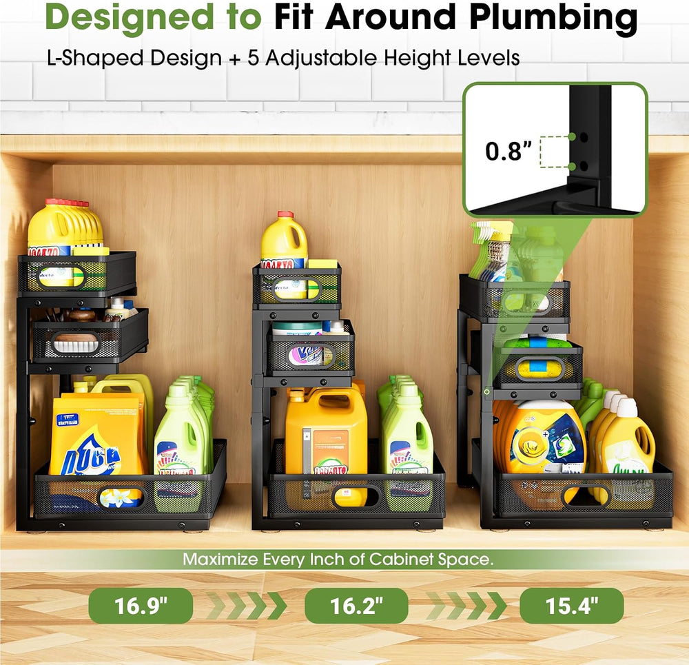 Under Sink Organizer 3 Tier, 2 Pack L-Shaped Pull-Out Cabinet Organizer with ...