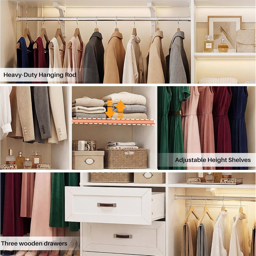 8FT Closet System with 3 Curved Drawers, 96'' Wooden Walk-in Closet O...
