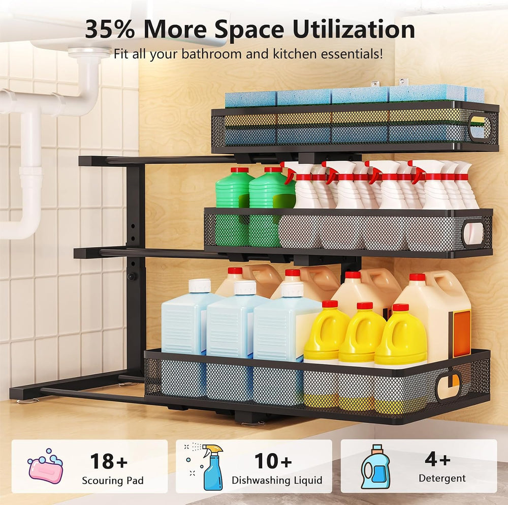 3-Tier Under Sink Organizer, Slide Out Drawer Rack, Black, 1 Pack