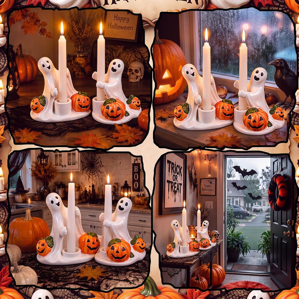 Vesici 2 Pcs Halloween Pumpkin and Ghost Candle Holder for Centerpieces