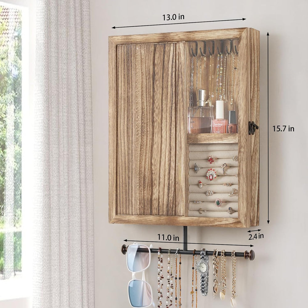 Wall Mounted Jewelry Organizer Box Rustic Wood Large Space Jewelry Cabinet Ho...