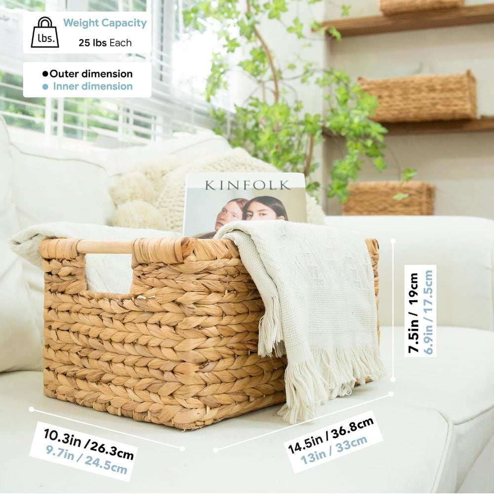 VATIMA Large Rectangular Wicker Basket with Wooden Handles for Shelves and St...