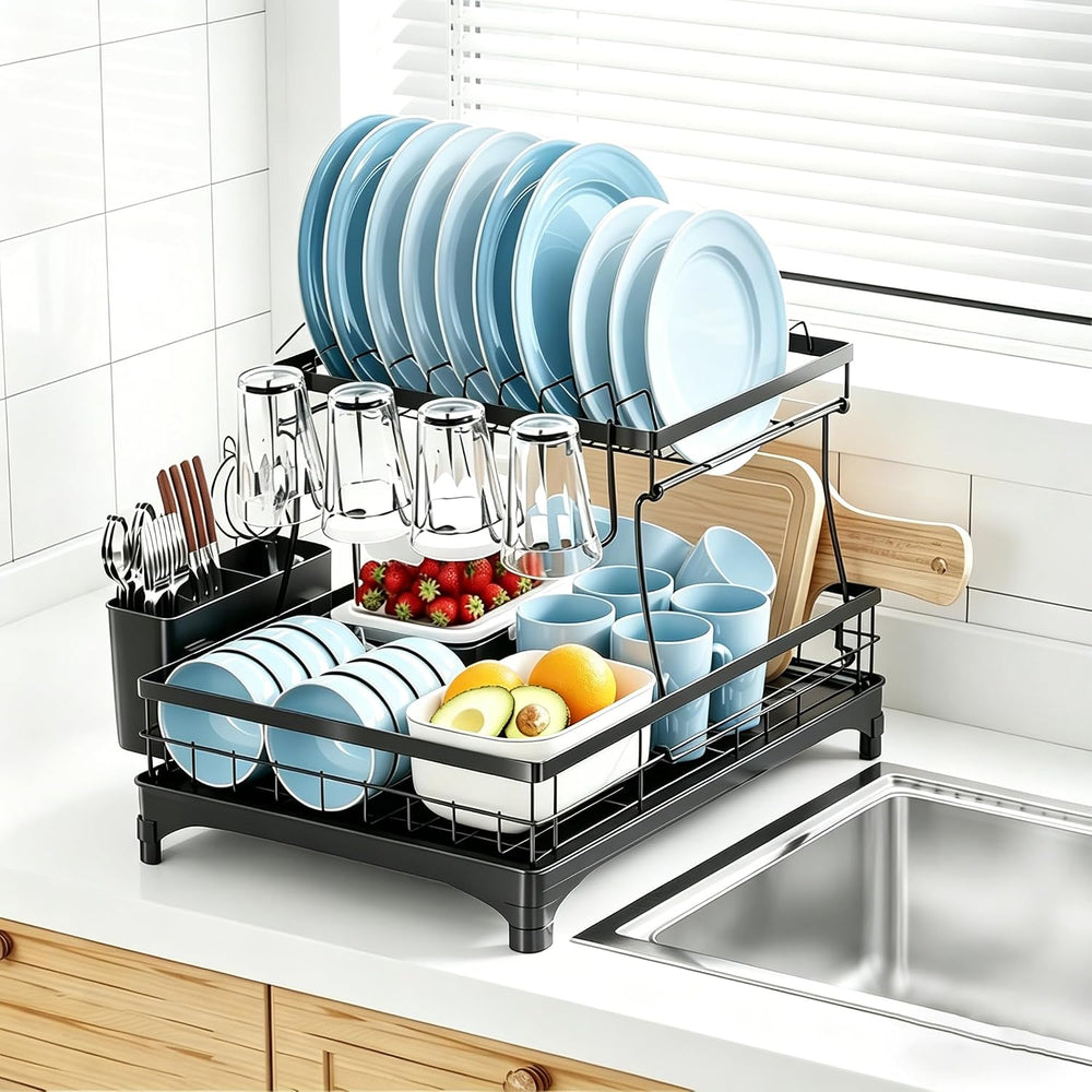 Simple Trending Dish Drying Rack, 2-Tier with Utensil Holder, Black