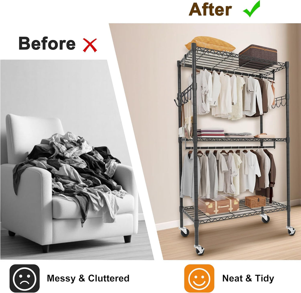 Whitmor 3 Tier Rolling Garment Rack, Heavy Duty Adjustable Metal Clothing Rac...
