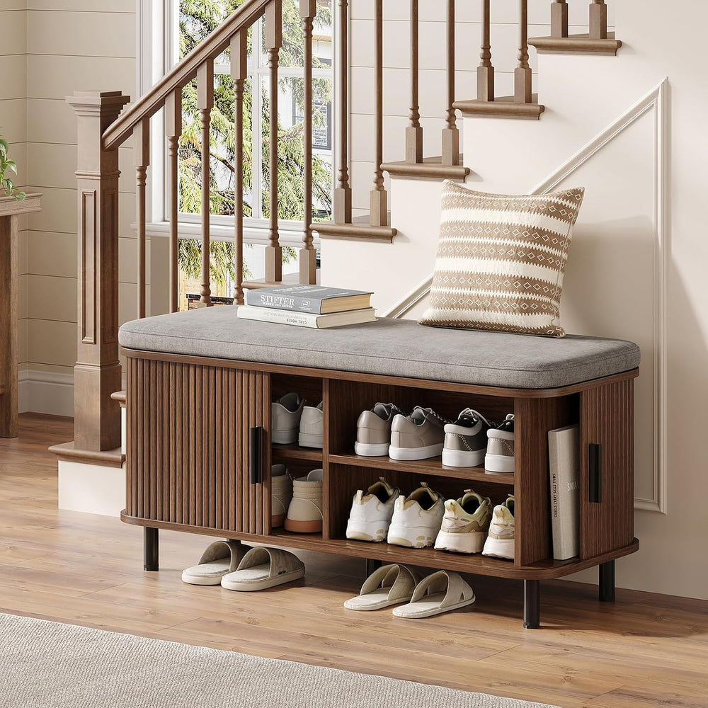 Maupvit Shoe Storage Bench with Smooth Fluted Sliding Doors, 2 Tier Hidden Sh...