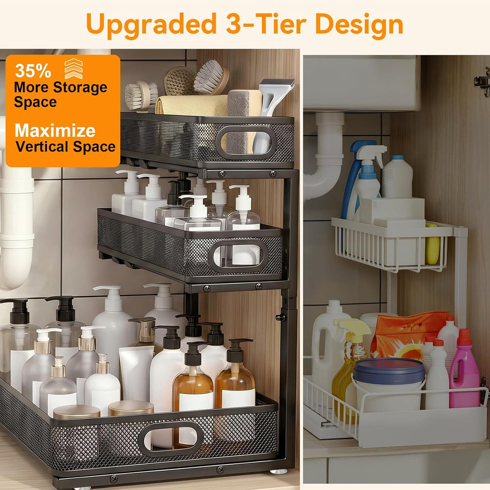 3 Tier Adjustable Under Sink Organizer for Bathroom & Kitchen(2Pack, Black)