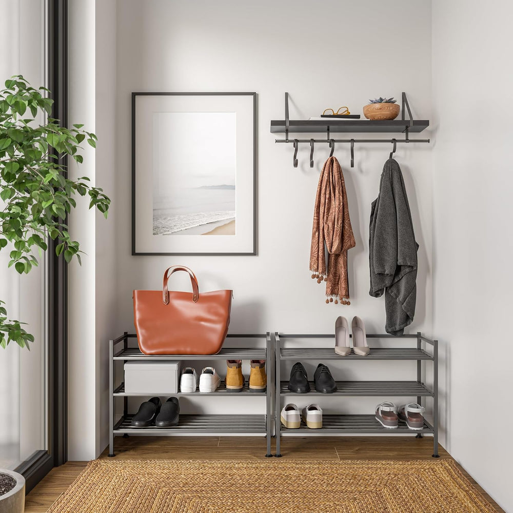 3-Tier Stackable 1" Slat Steel Frame Shoe Rack, 27.25"W x 12.75&quo...