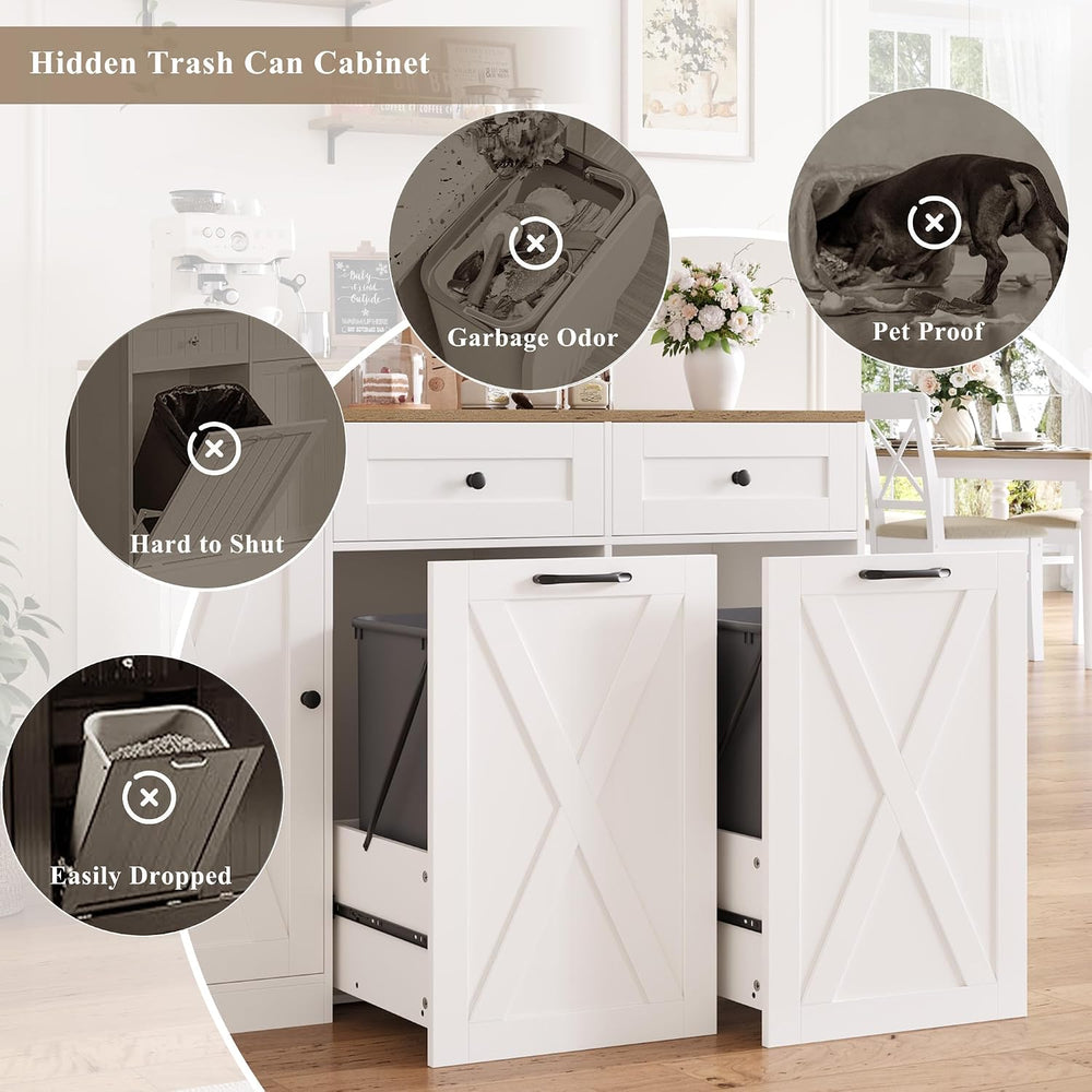 HOSTACK 12.5 Gallon Trash Can Cabinet, 47"W Dual Garbage Can Cabinet, White