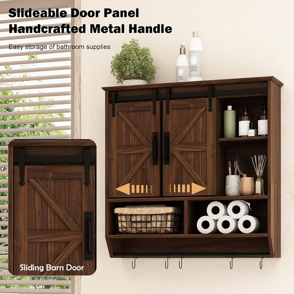 RUSTOWN Farmhouse Bathroom Wall Storage Cabinet with Sliding Barn Doors