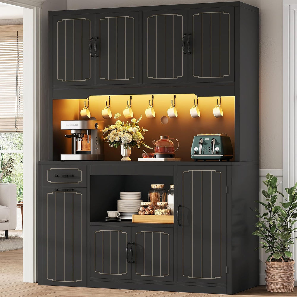 Fluted Kitchen Pantry Cabinet with Charging Station & LED Light, 47"...