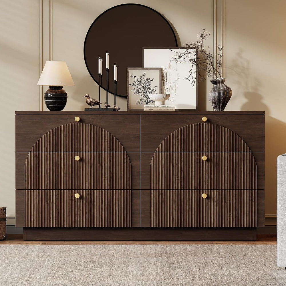 Arched Fluted Dresser for Bedroom with 6 Drawers 55.1" Wide Walnut