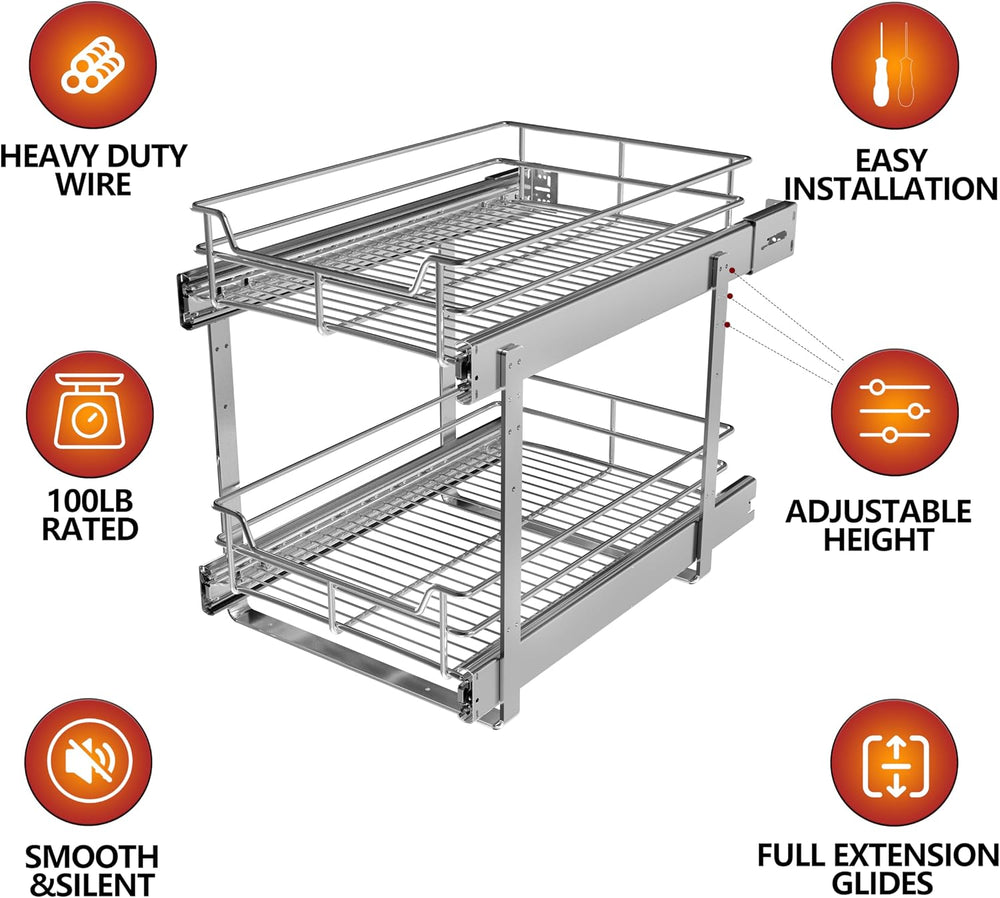 JOWBOOW 2-Tier Narrow Cabinet Pull Out Shelves, 8" W x 22" D, Chrome