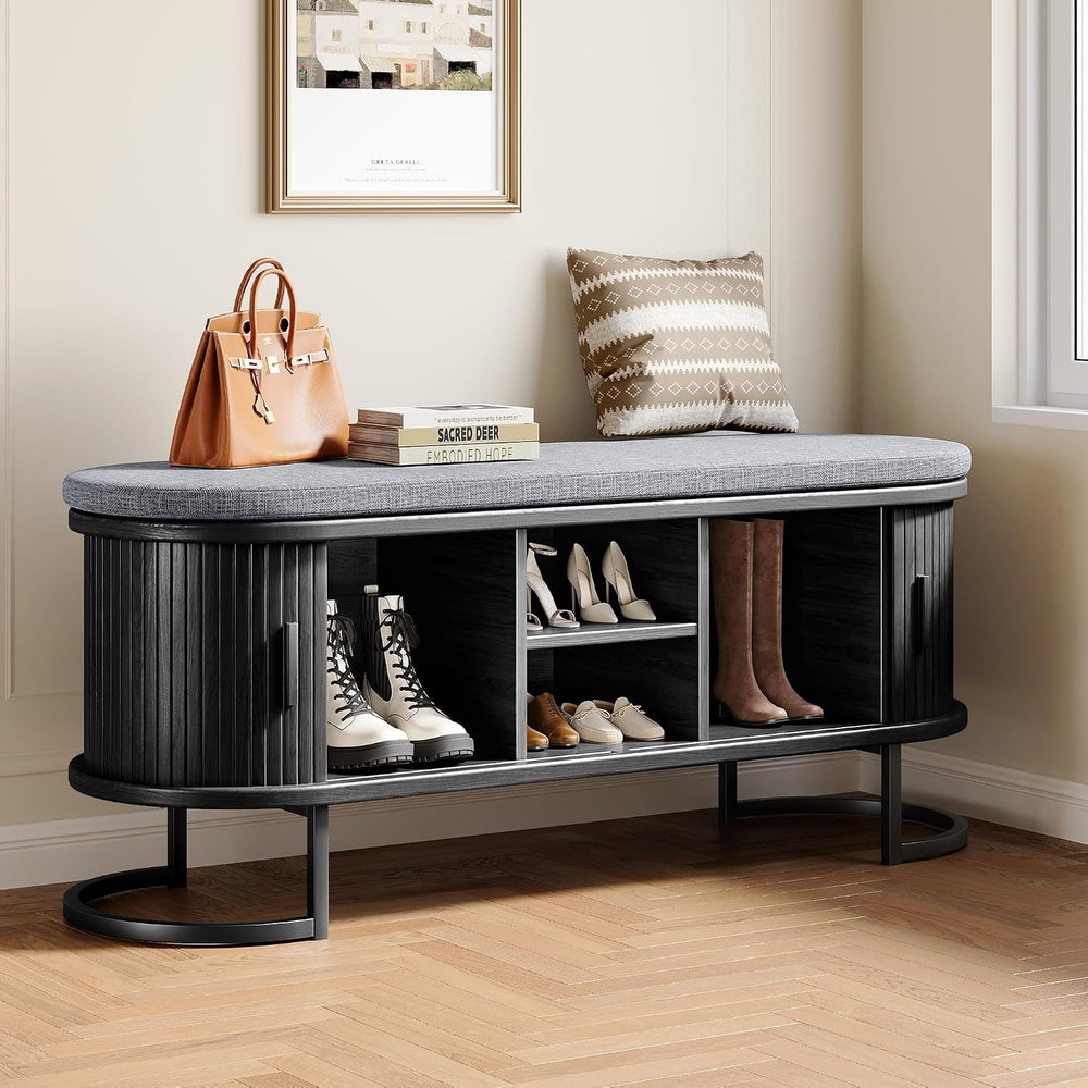 Decofy Shoe Storage Bench with Cushion and Sliding Doors, 47.2 Inch Shoe Benc...