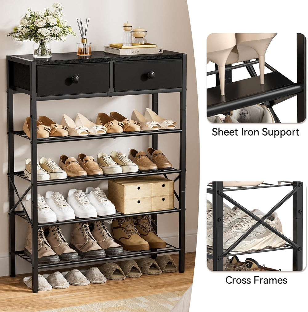 5 Tier Shoe Rack with 2 Drawers, 16-20 Pairs Charcoal
