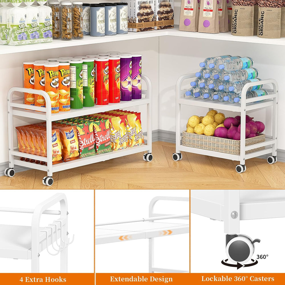 2-Tier Expandable Rolling Cart, Pantry Storage Cart with Wheels, Adjustable R...