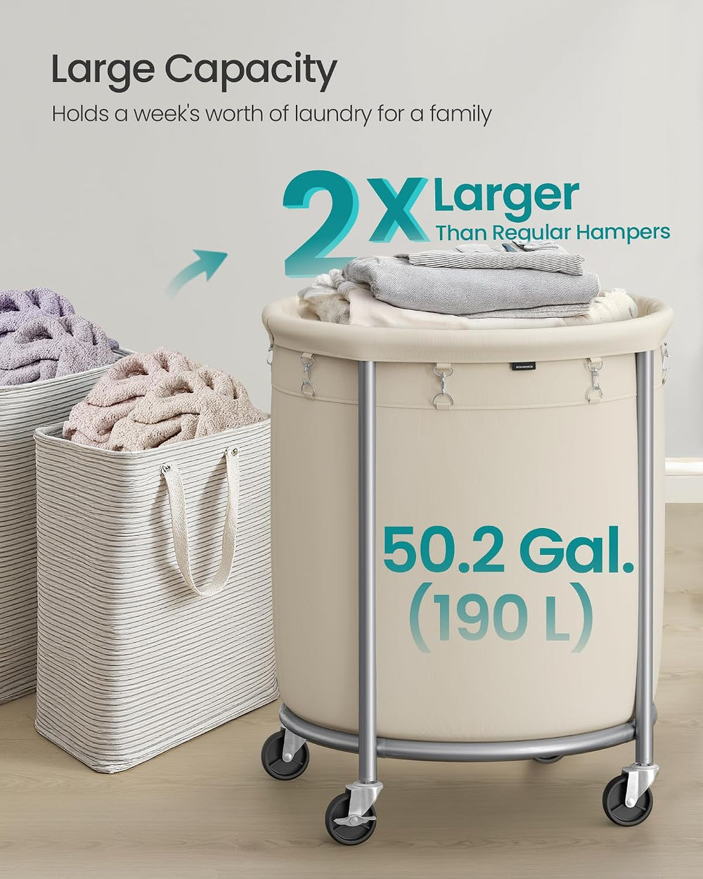SONGMICS Laundry Basket with Wheels,190L, Steel Frame, Removable Bag
