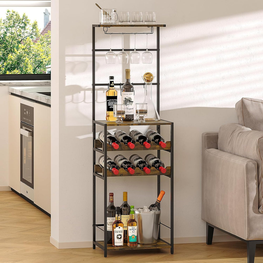 5-Tier Wine Rack Freestanding Floor, Liquor Bar Stand with Glasses Holder and...