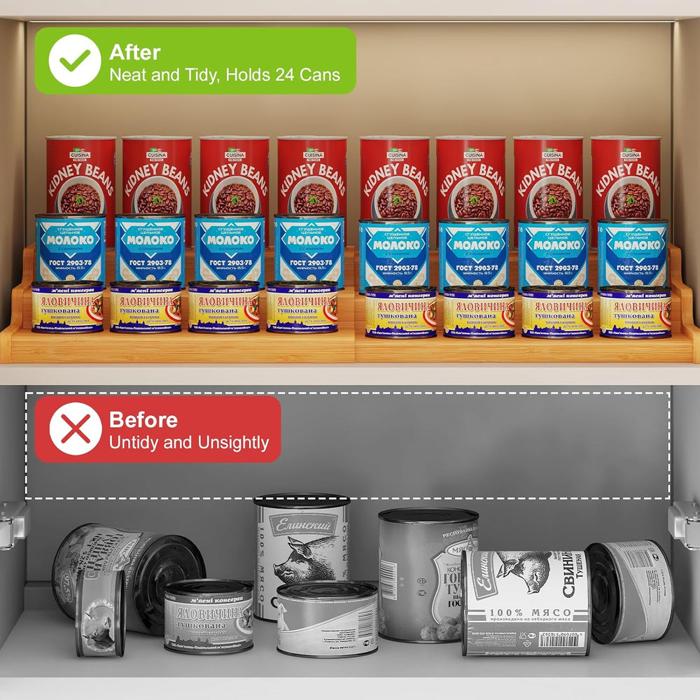 Expandable Bamboo Can Rack Organizer for Pantry, 3-Tier Adjustable Can Storag...