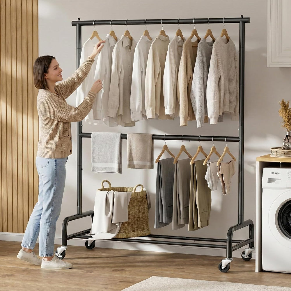 SLEEPING LAMB Heavy Duty Clothes Rack with Wheels, Metal Rolling Garment Rack...