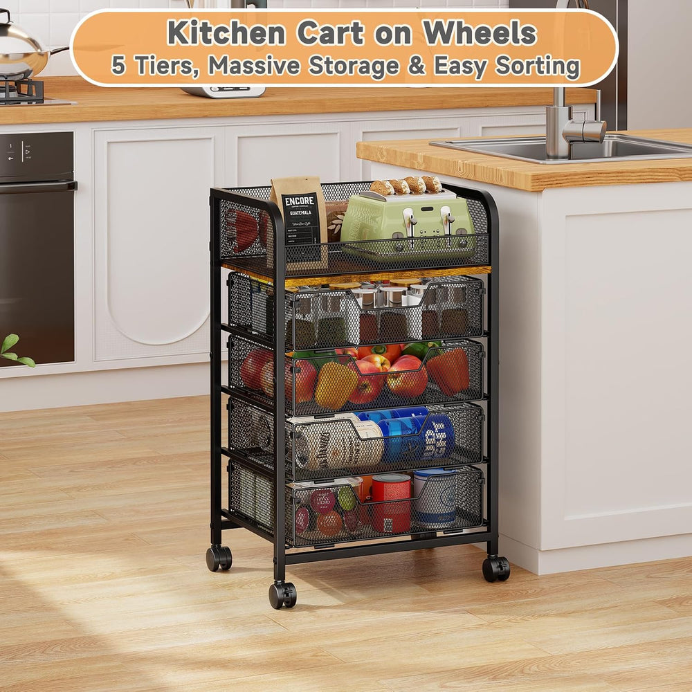 5-Tier Rolling Kitchen Cart with Drawers - Kitchen Storage Cart on Wheels,Pan...