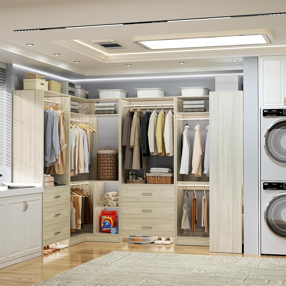 Aheaplus Closet System with Drawer，Hanging Rods,U-Shaped，Set of 4,White Oak