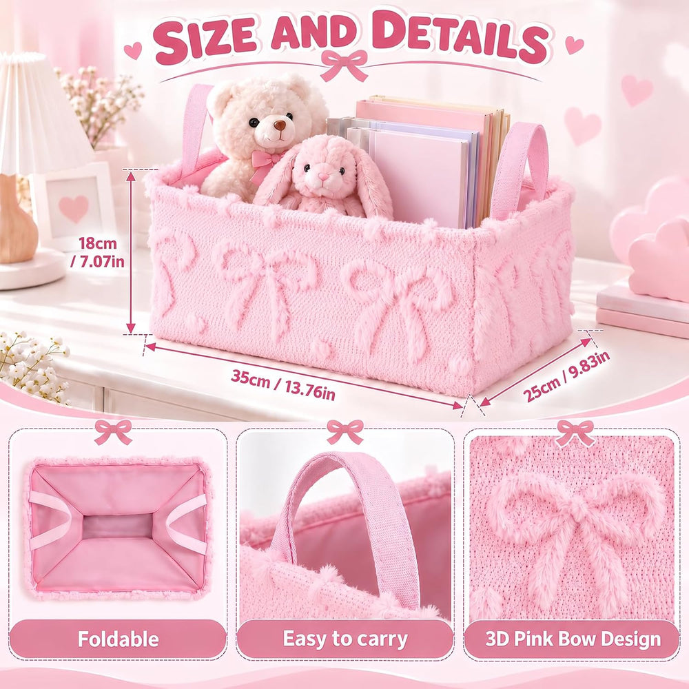 2 Pack Pink Bow Storage Baskets, 14x10'' Foldable Bins with Handles
