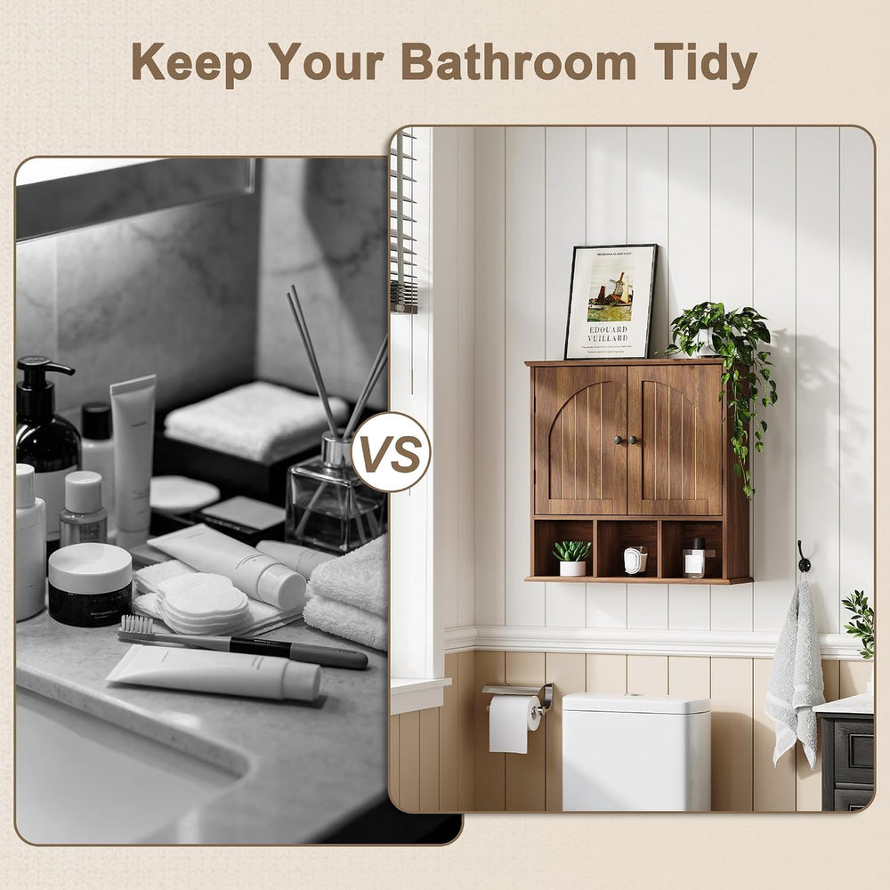 ChooChoo Bathroom Wall Cabinet, Wooden Cabinet with Doors and Open Cubbies